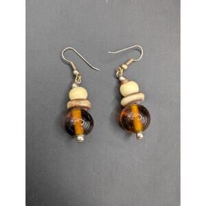 Vintage Southern Amber Color Glass Bead & Carved Antler Drop Earrings 1.5”